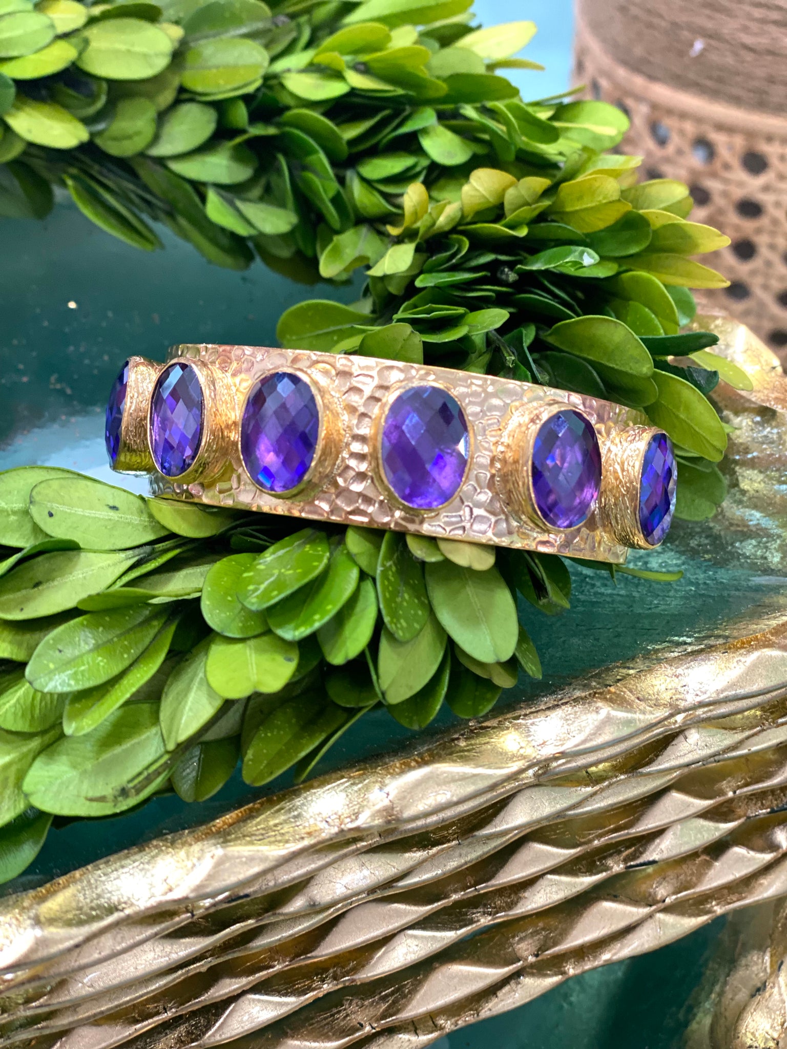 Turkish Hammered Narrow Cuff | Amethyst