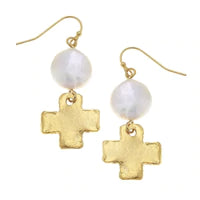 Coin Pearl + Gold Cross Drop Earrings
