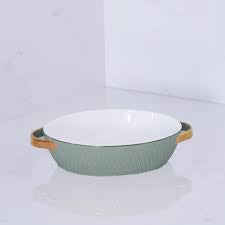 CERAMIC Small Oval Baker with Gold Handles | Sage