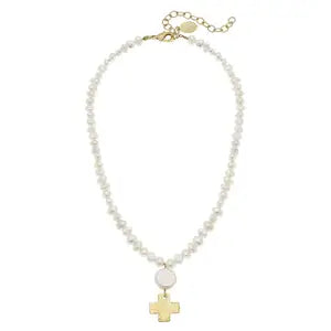 Dainty Gold Cross + Coin Pearl Necklace