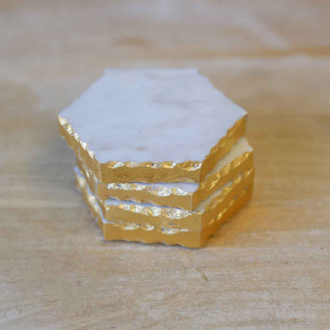Hexagon Marble Coaster Set with Gold Edge