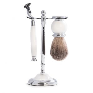 "Mach3" Razor & Pure Badger Brush with Chrome Plated White Enamel Finish