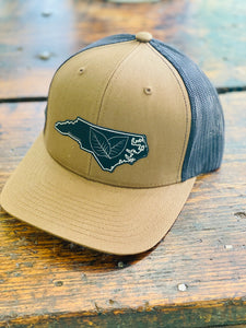 Black Leather NC Tobacco Patch Trucker Hat