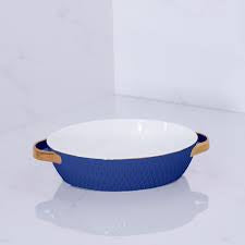 CERAMIC Small Oval Baker with Gold Handles | Blue