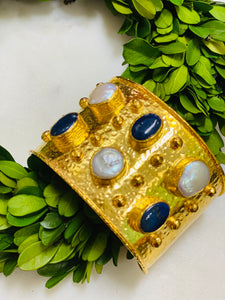 Turkish Hammered Cuff | Lapis & Mother of Pearl | XL Wide Cuff