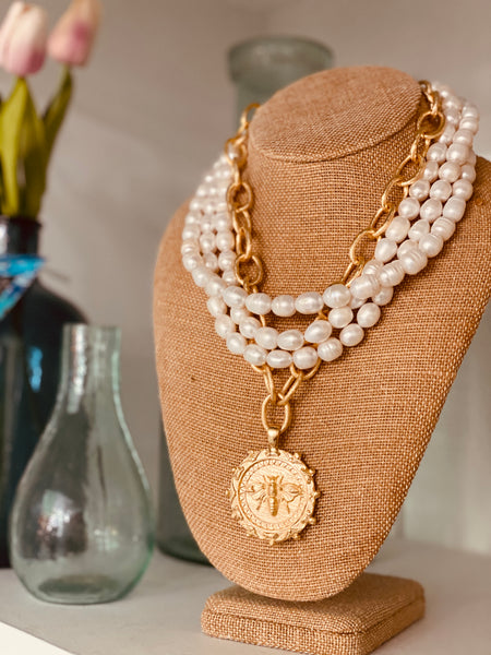 3-Strand Freshwater Pearl Necklace with Large Gold Round Bee Medallion