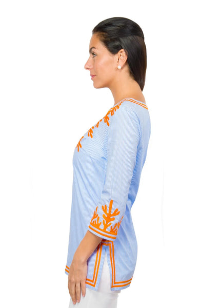 The Reef Cotton Embroidered Tunic | Periwinkle/Orange