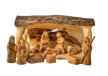 Let Heaven and Nature Sing Solid Olive Wood Branch Stable with Modern Nativity Set