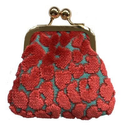 Pixie Coin Purse | Coral Chenille Cheetah Spots on Turquoise
